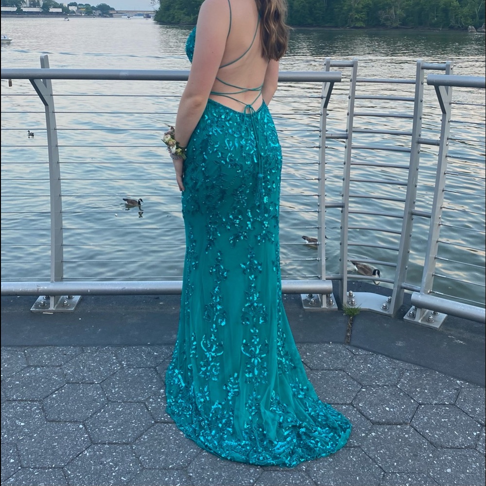 sherri hill 54329 teal size 2 prom dress